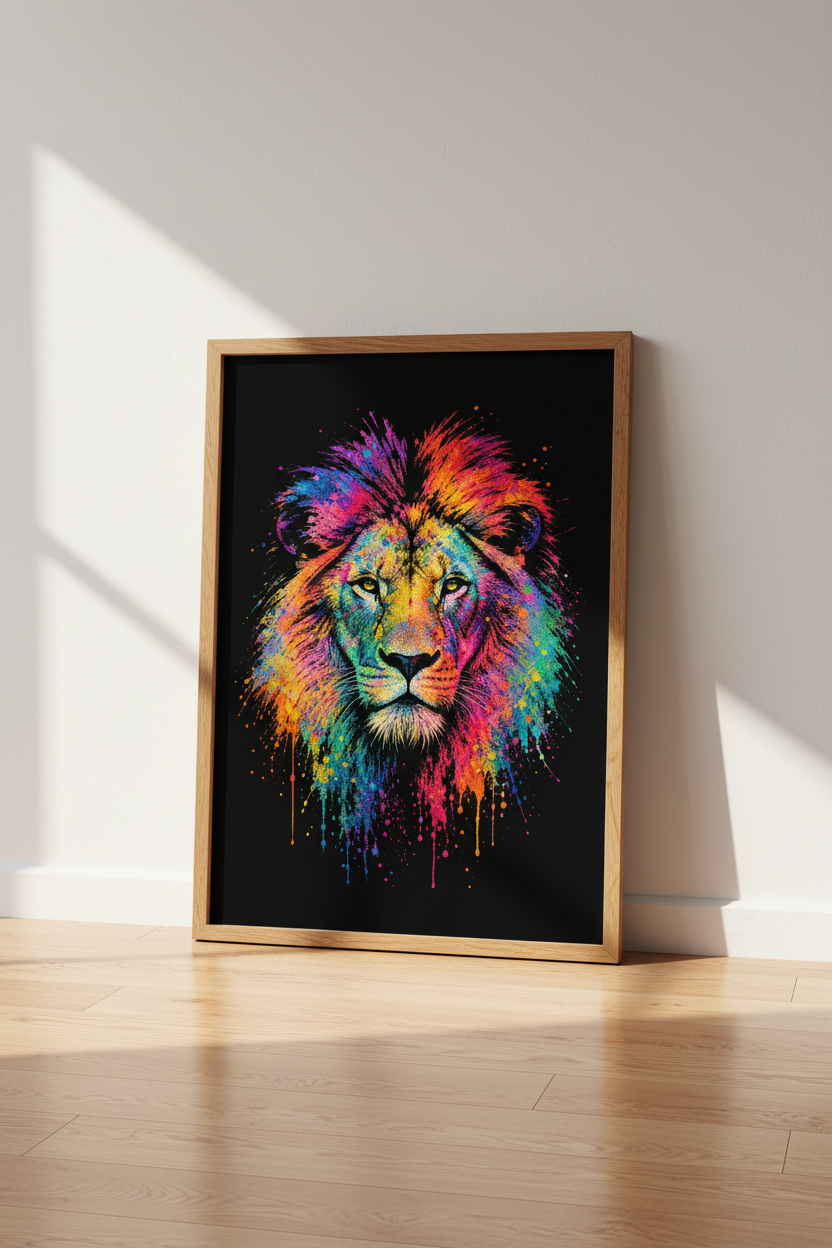 Abstract Lion Wall Art Print | Colorful Animal Decor | Neon Splatter Poster