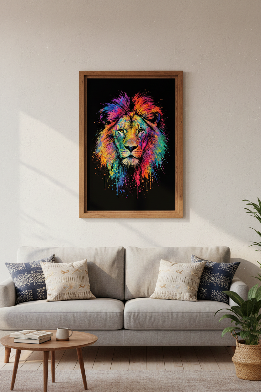 Abstract Lion Wall Art Print | Colorful Animal Decor | Neon Splatter Poster