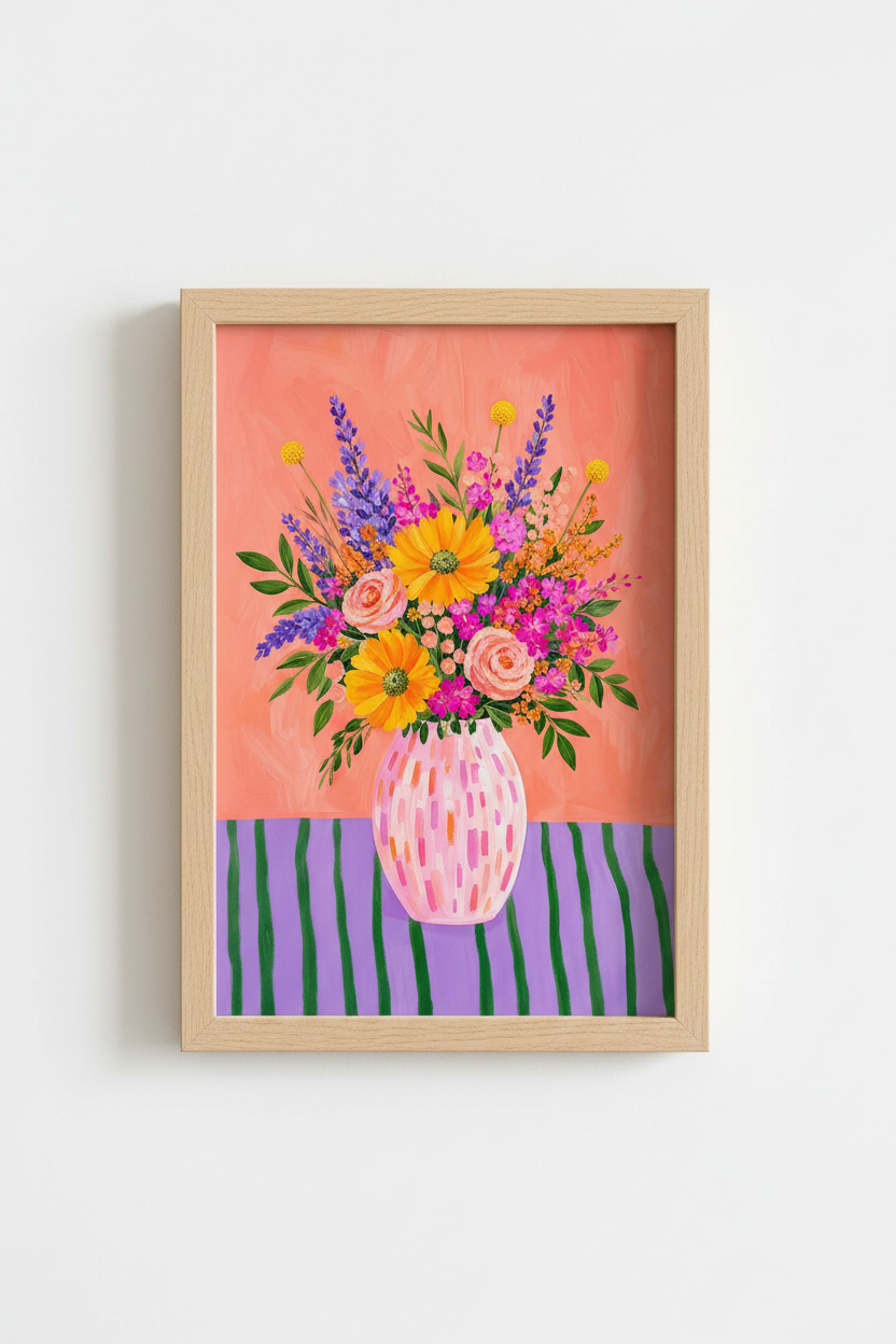 Colorful Floral Art Print | Vibrant Flower Bouquet, Maximalist Living Room Decor Poster