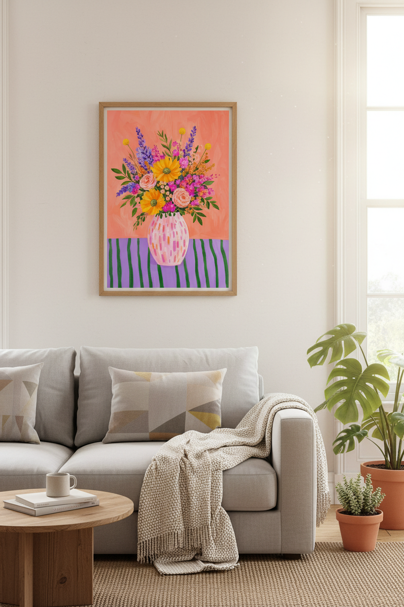 Colorful Floral Art Print | Vibrant Flower Bouquet, Maximalist Living Room Decor Poster
