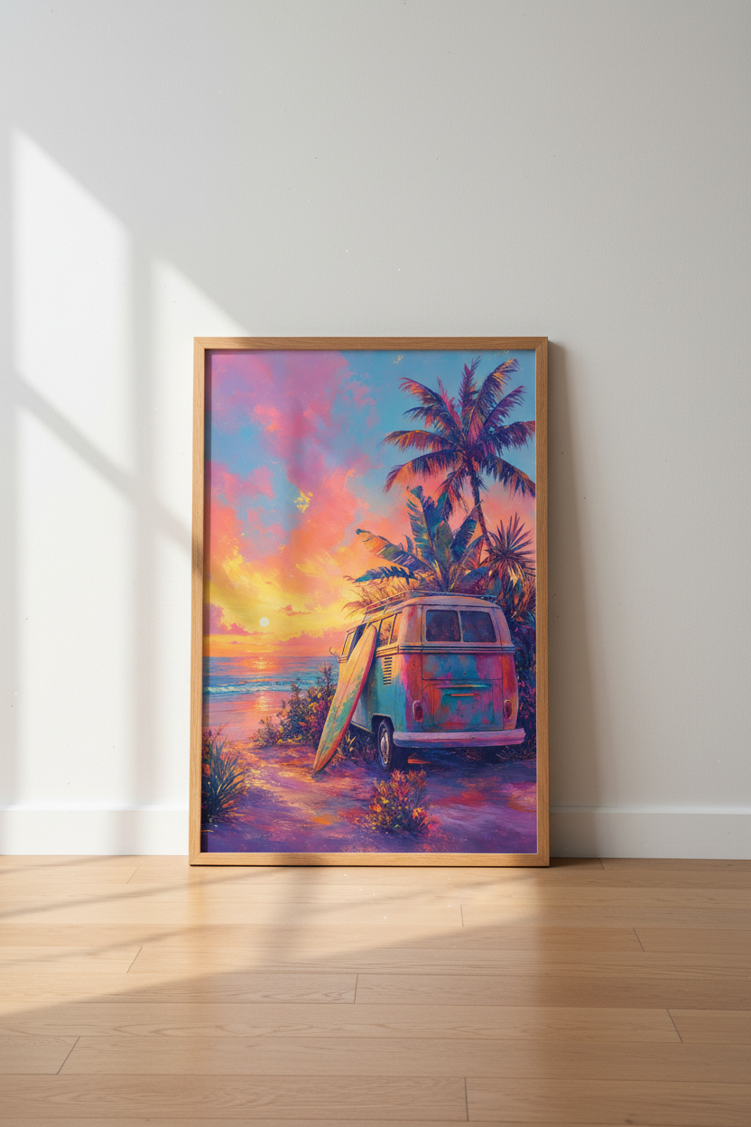 Retro Surf Van Beach Sunset Wall Art | Tropical Coastal Decor | Pink Aesthetic Poster