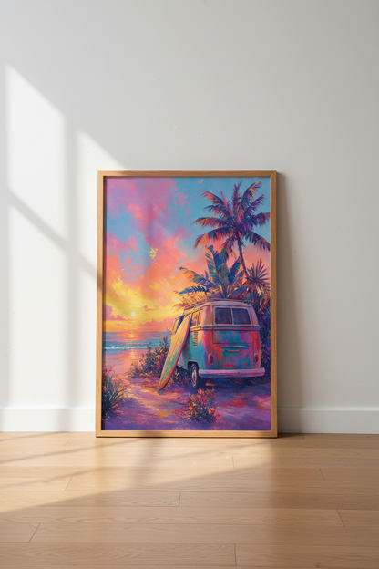 Retro Surf Van Beach Sunset Wall Art | Tropical Coastal Decor | Pink Aesthetic Poster