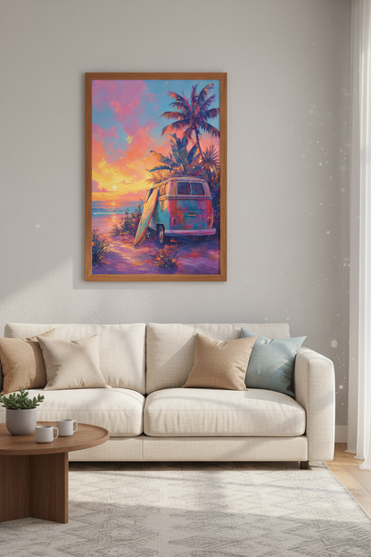Retro Surf Van Beach Sunset Wall Art | Tropical Coastal Decor | Pink Aesthetic Poster