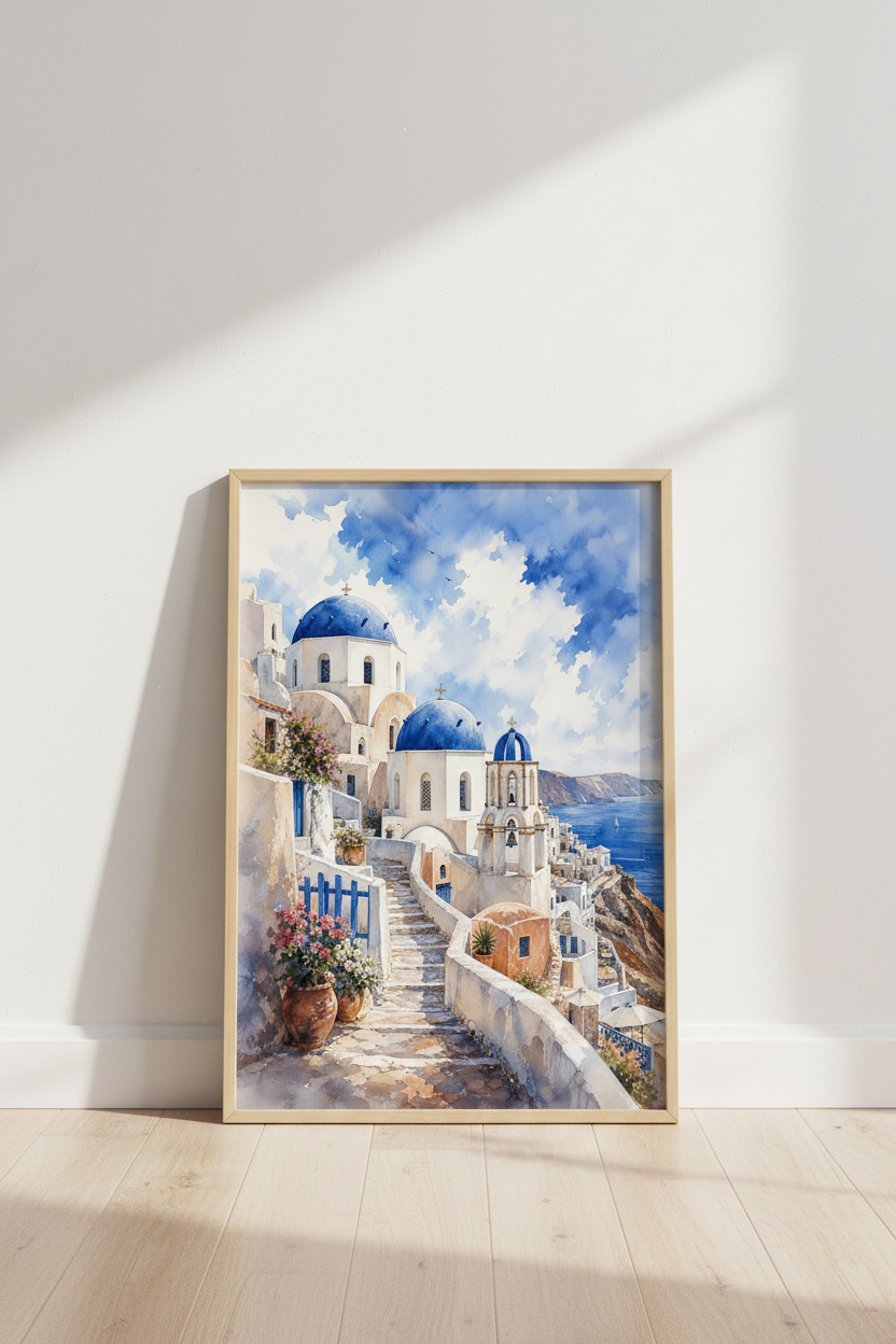 Santorini Greece Watercolor Wall Art | Blue Dome Coastal Decor | Mediterranean Poster