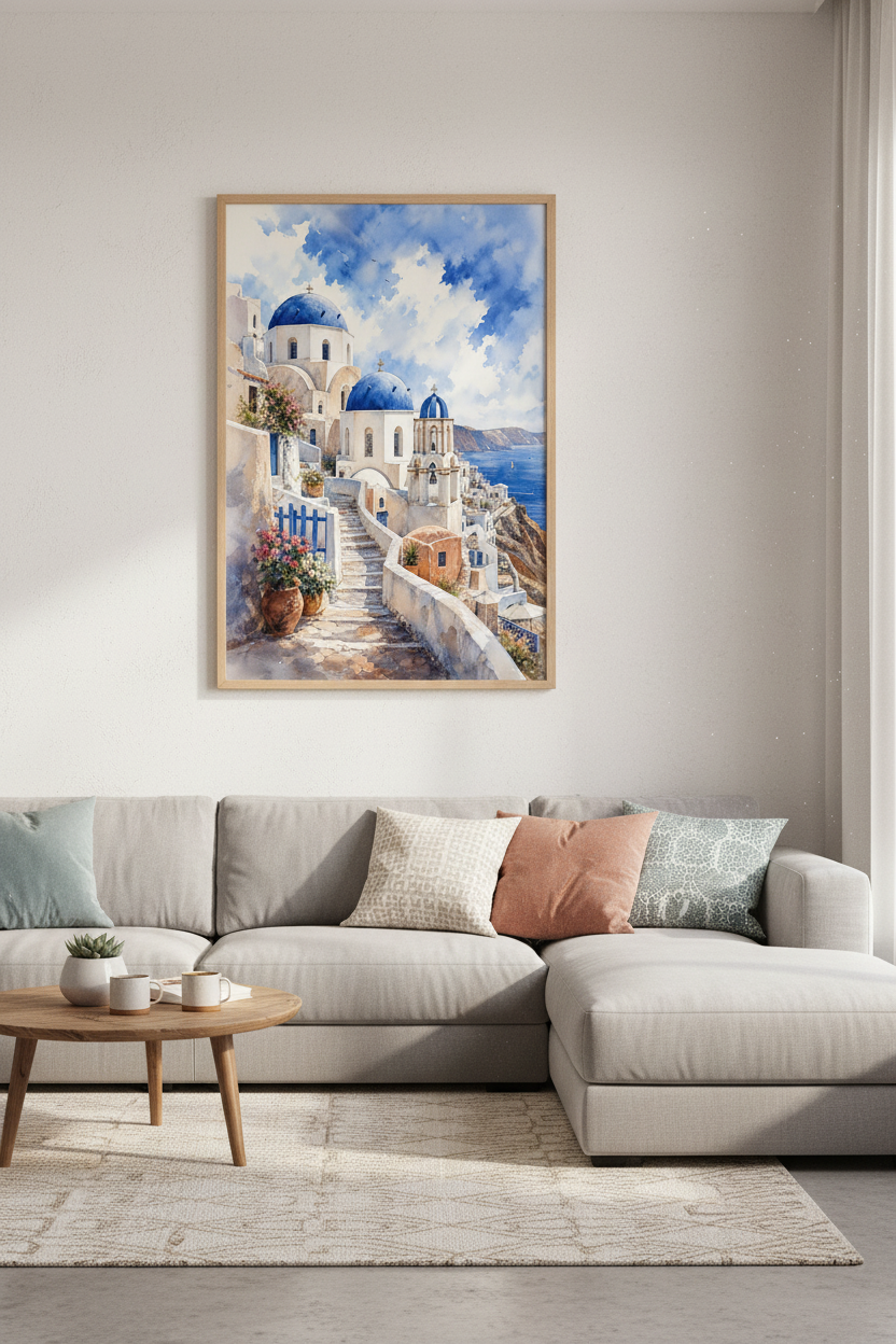 Santorini Greece Watercolor Wall Art | Blue Dome Coastal Decor | Mediterranean Poster