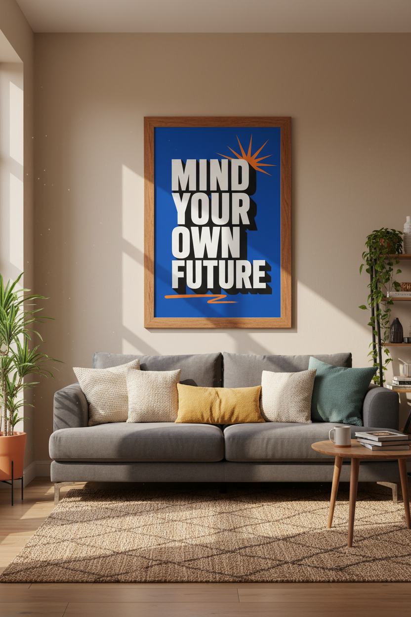 Mind Your Own Future Art | Retro Typographic Blue Wall Decor, Home Office Poster