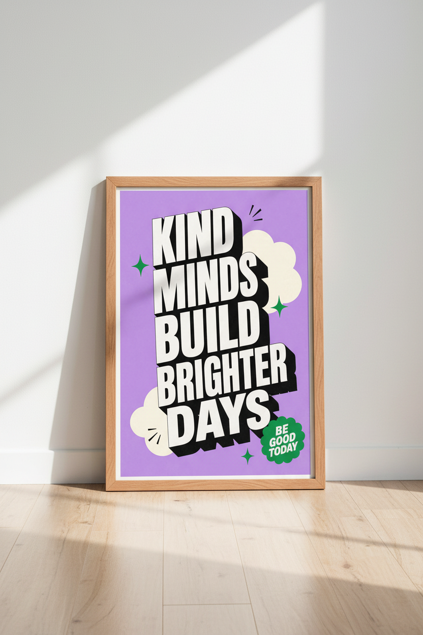 Kind Minds Quote Art | Purple Retro Typography Poster, Positive Classroom Wall Decor