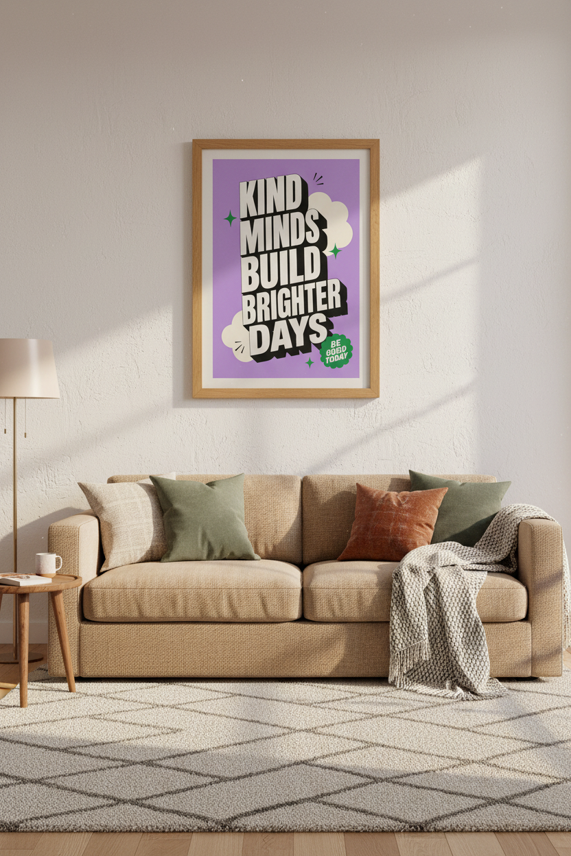 Kind Minds Quote Art | Purple Retro Typography Poster, Positive Classroom Wall Decor