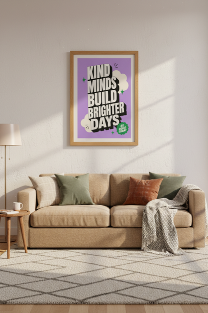 Kind Minds Quote Art | Purple Retro Typography Poster, Positive Classroom Wall Decor