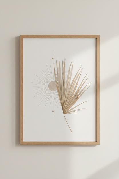 Boho Palm Leaf &amp; Sun Wall Art | Neutral Beige Celestial Decor | Minimalist Poster