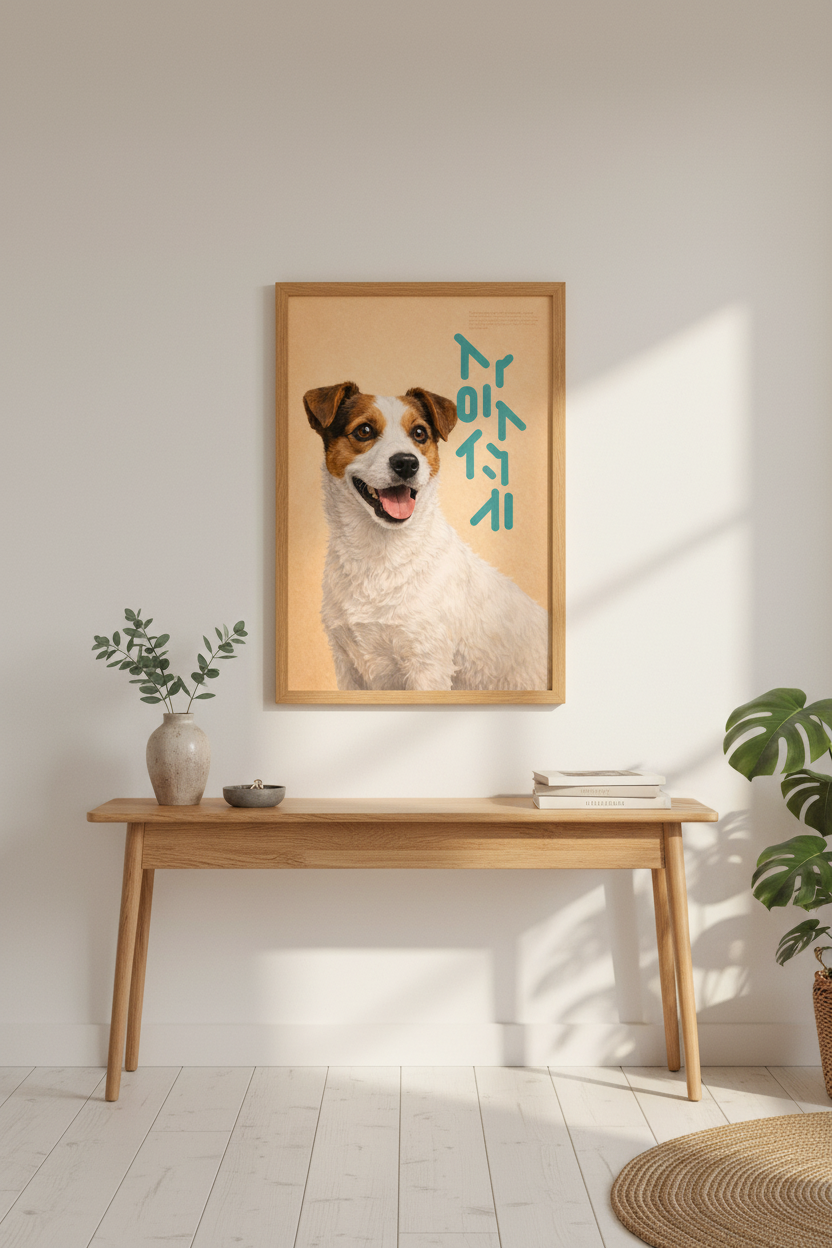 Jack Russell Terrier Wall Art Print | Warm Beige &amp; Teal Japanese Script