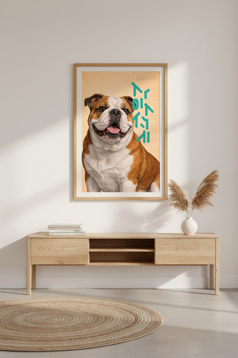 Cheerful Bulldog Wall Art Print | Peach Orange &amp; Teal Script
