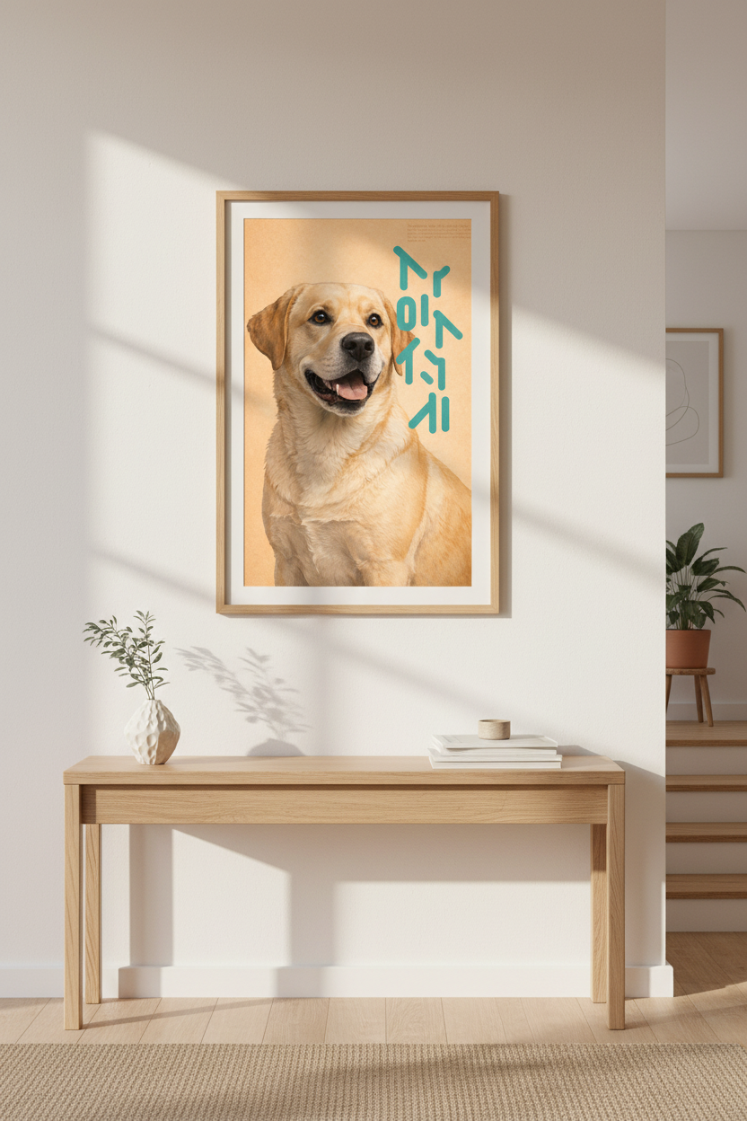 Golden Labrador Wall Art Print | Warm Gold &amp; Teal Japandi Script