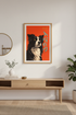 Border Collie Wall Art Print | Bold Graphic Dog Portrait | Orange Background & Teal Japanese Script