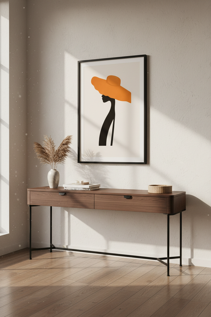 Abstract Woman with Orange Hat Wall Art | Minimalist Silhouette Print | Modern Home Decor Poster | Elegant Female Profile Art