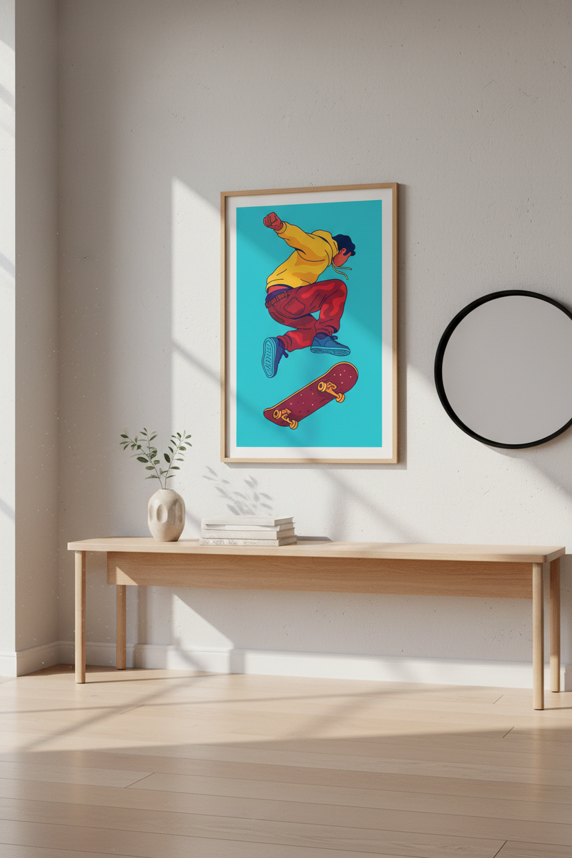 Vibrant Skater Wall Art Print | Teen Room Decor | Urban Aesthetic Framed Poster | Ready To Hang Skateboard Gift