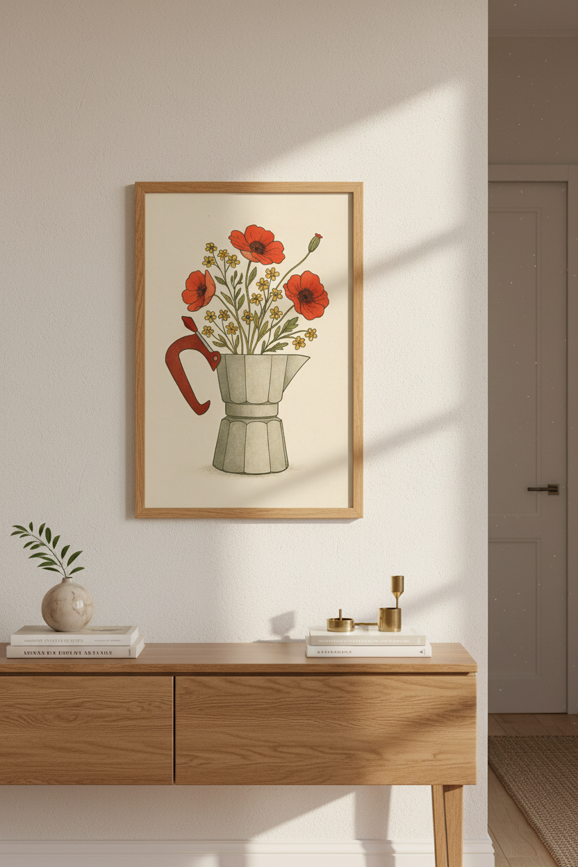 Moka Pot Flowers Framed Print | Kitchen Wall Art | Coffee Lover Decor | Vintage Style Poppy Poster | Ready to Hang Art