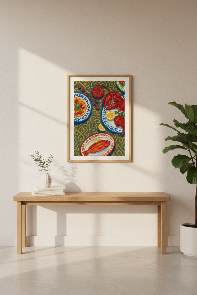 Impressionist Seafood Dinner Wall Art Print | Kitchen Dining Room Decor | Italian Mediterranean Coastal Poster