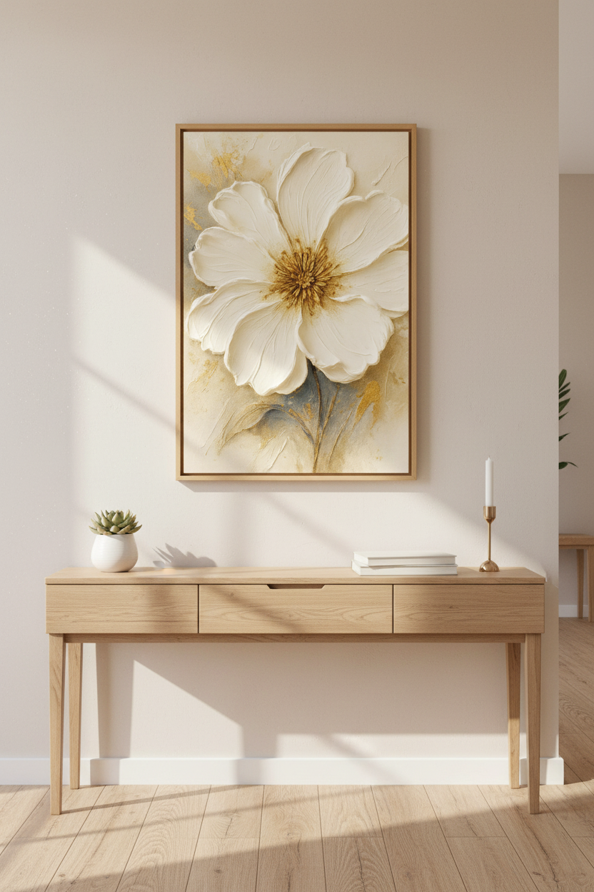 Textured Floral Wall Art Print | White Flower Gold Leaf Modern Decor | Cream Botanical Canvas Painting Large Poster