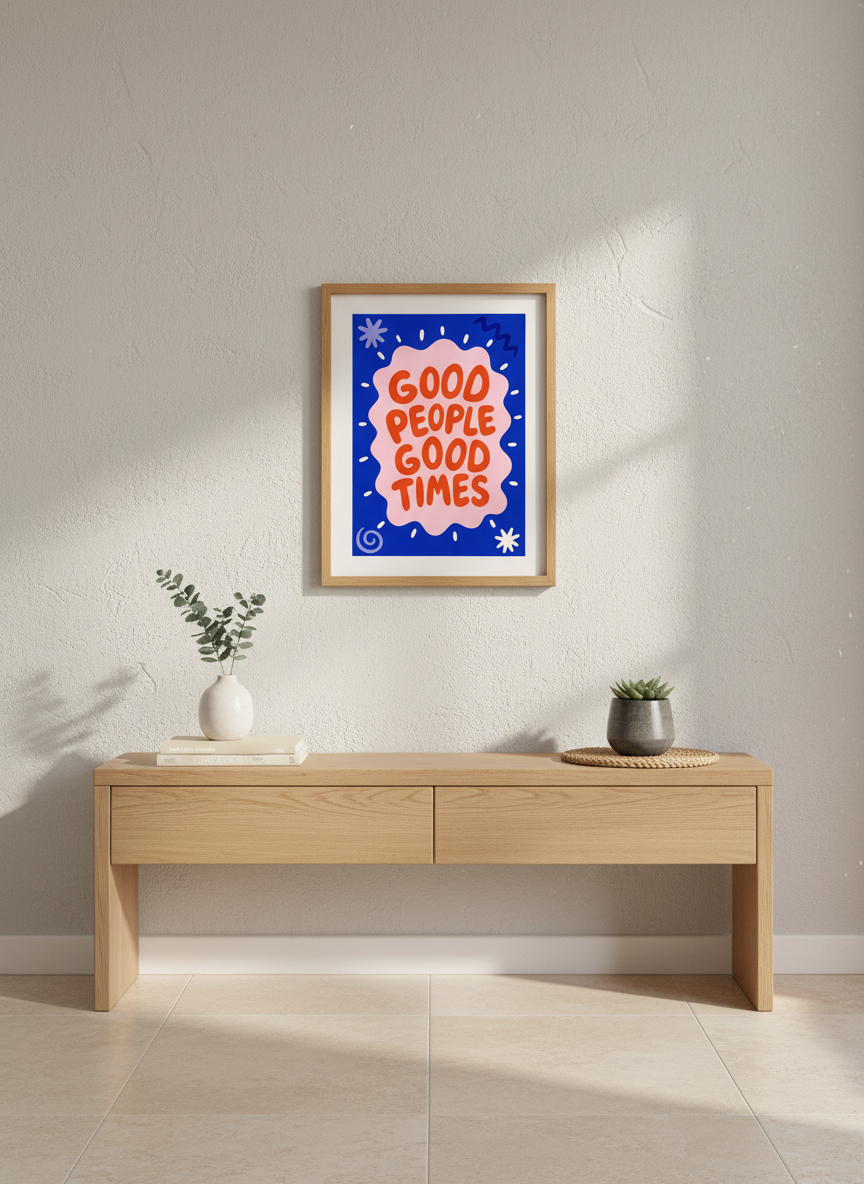 Good People Good Times Print | Retro Quote Wall Art, Funky Decor, Blue Pink Orange