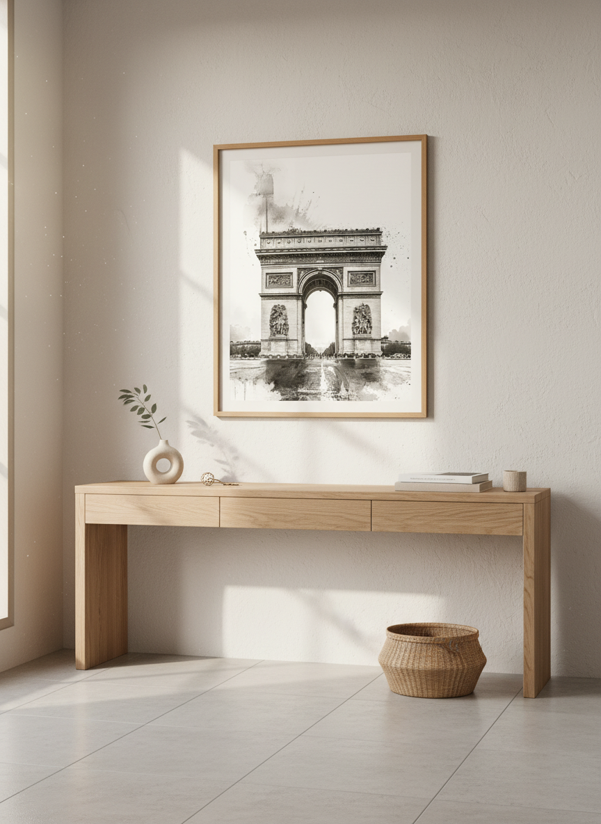 Arc de Triomphe Wall Art | Black White Travel Print, Paris Decor, Watercolor Splatter Art