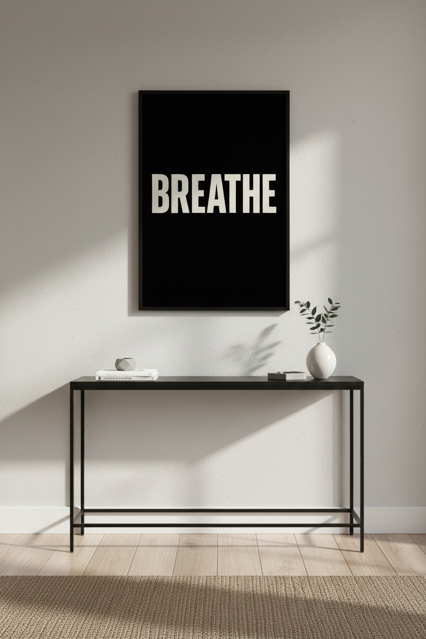 Breathe Wall Art, Minimalist Text Poster Print, Black and White Typography Art, Zen Home Decor, Meditation Gift, Calming Wall Hanging