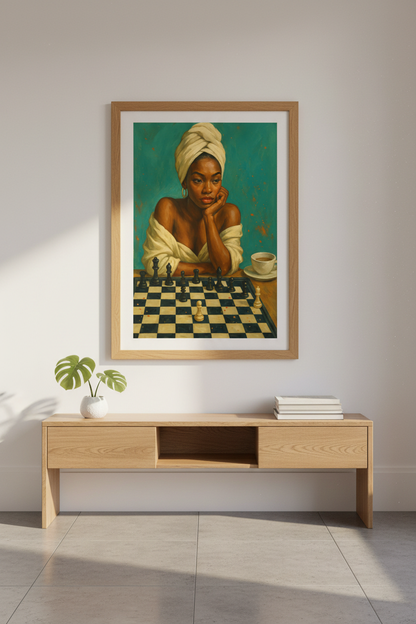 Abstract Chess Player Art Print | Teal Bathroom Decor | Framed Wall Art | Black Woman Portrait Poster | Ready to Hang