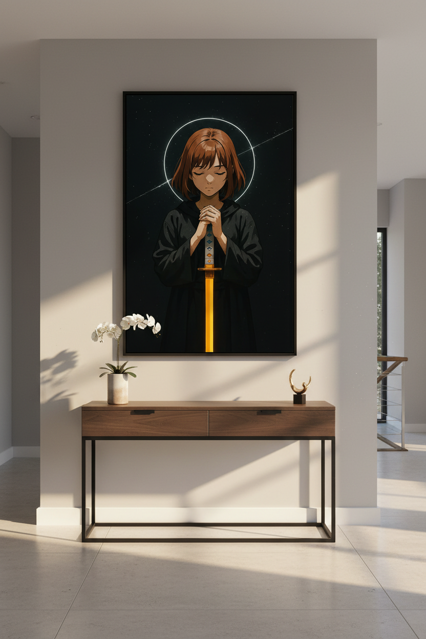 Anime Girl Praying with Katana Wall Art Print | Dark Fantasy Decor | Aesthetic Gaming Poster | Spiritual Samurai Art