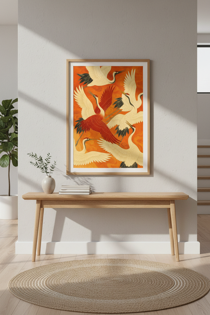 Japanese Cranes Wall Art Print | Vibrant Living Room Decor | Asian Aesthetic Framed Poster | Ready to Hang Bird Art