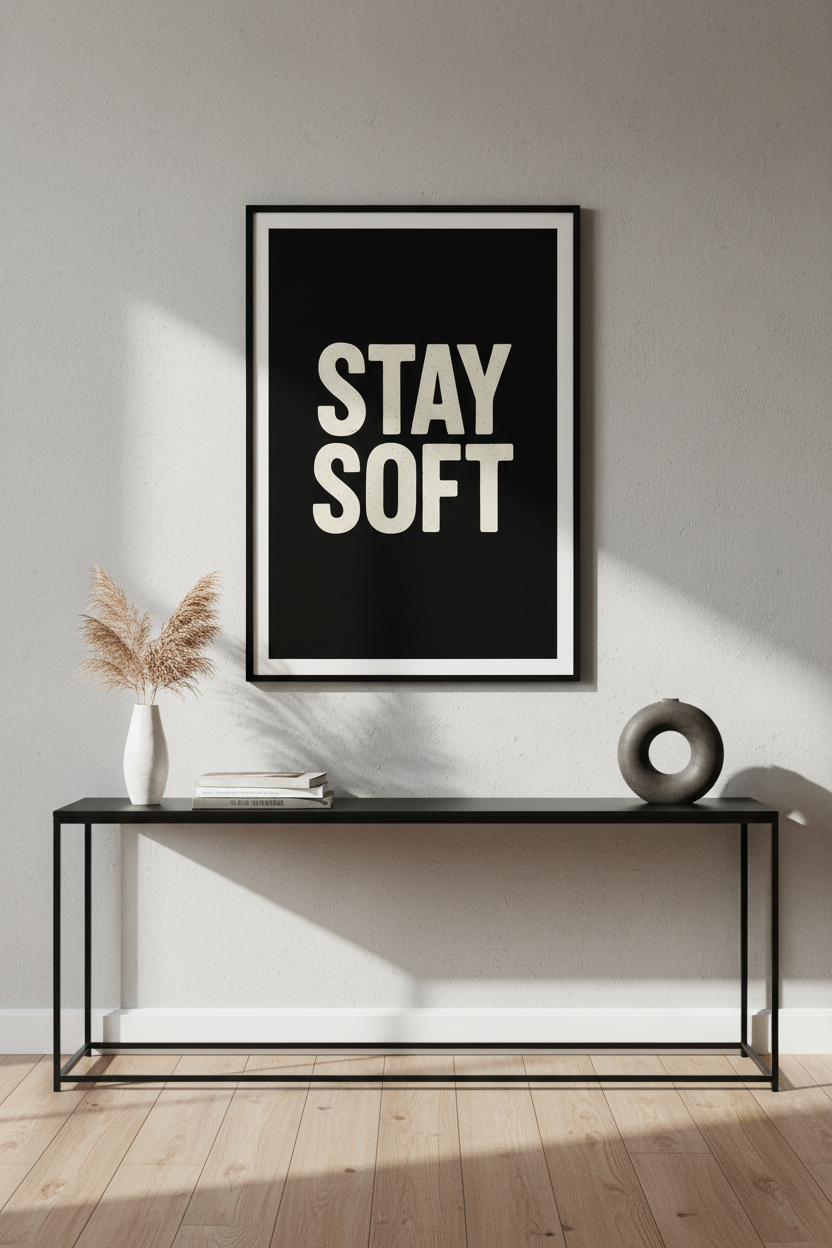 Minimalist Stay Soft Wall Art Print | Modern Aesthetic Quote Poster | Black &amp; Cream Typography Home Decor | Motivational Wall Hanging