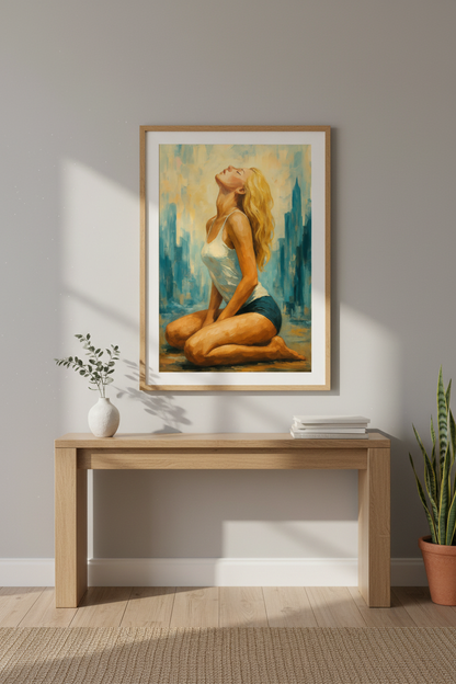 Abstract Expressionist Woman Wall Art Print | Boho Living Room Decor | Modern Figurative Poster | Teal &amp; Gold Canvas Art | Gift