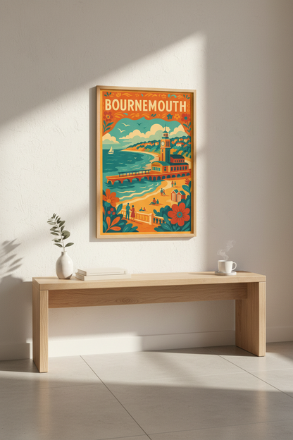 Retro Travel Bournemouth Art Print | UK Coastline Wall Art | Beach House Decor | Mid-Century Modern Poster | Vibrant Travel Gift