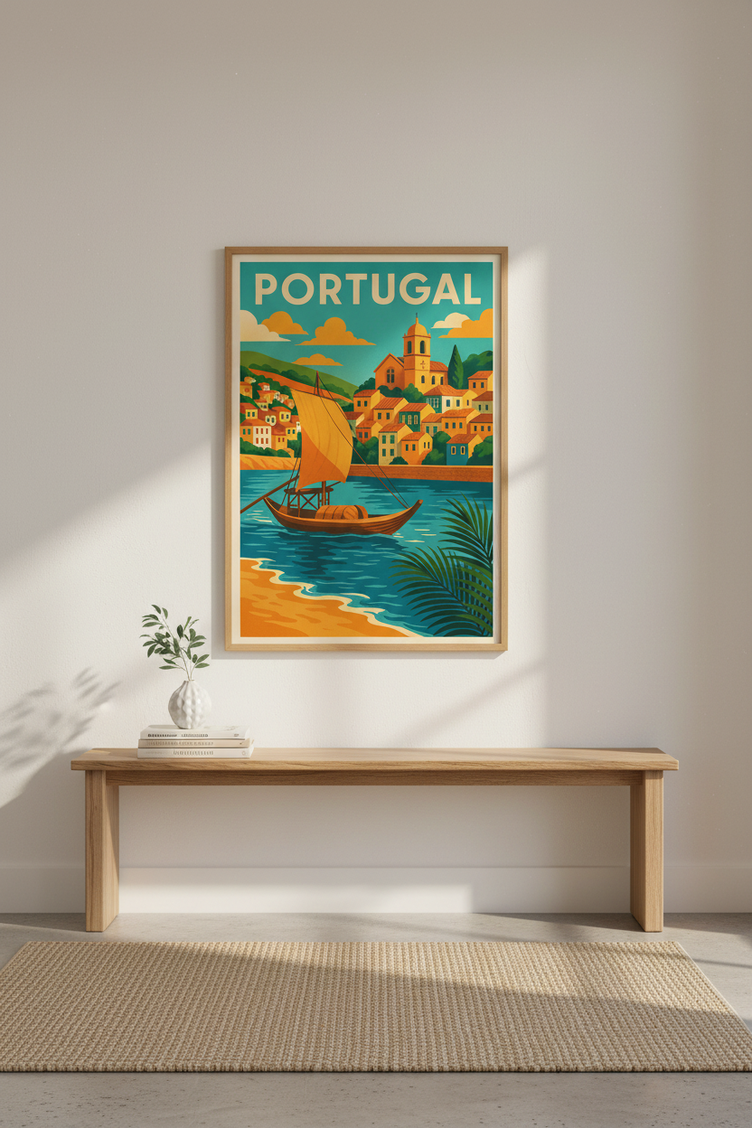 Retro Portugal Travel Art Print | Coastal Fishing Village Decor | Vintage Mediterranean Framed Wall Art