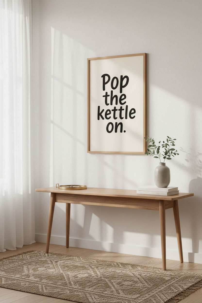 Minimalist Typography Wall Art Print | Kitchen Decor | Cozy Cottagecore Poster | "Pop the Kettle On" Minimal Quote Art