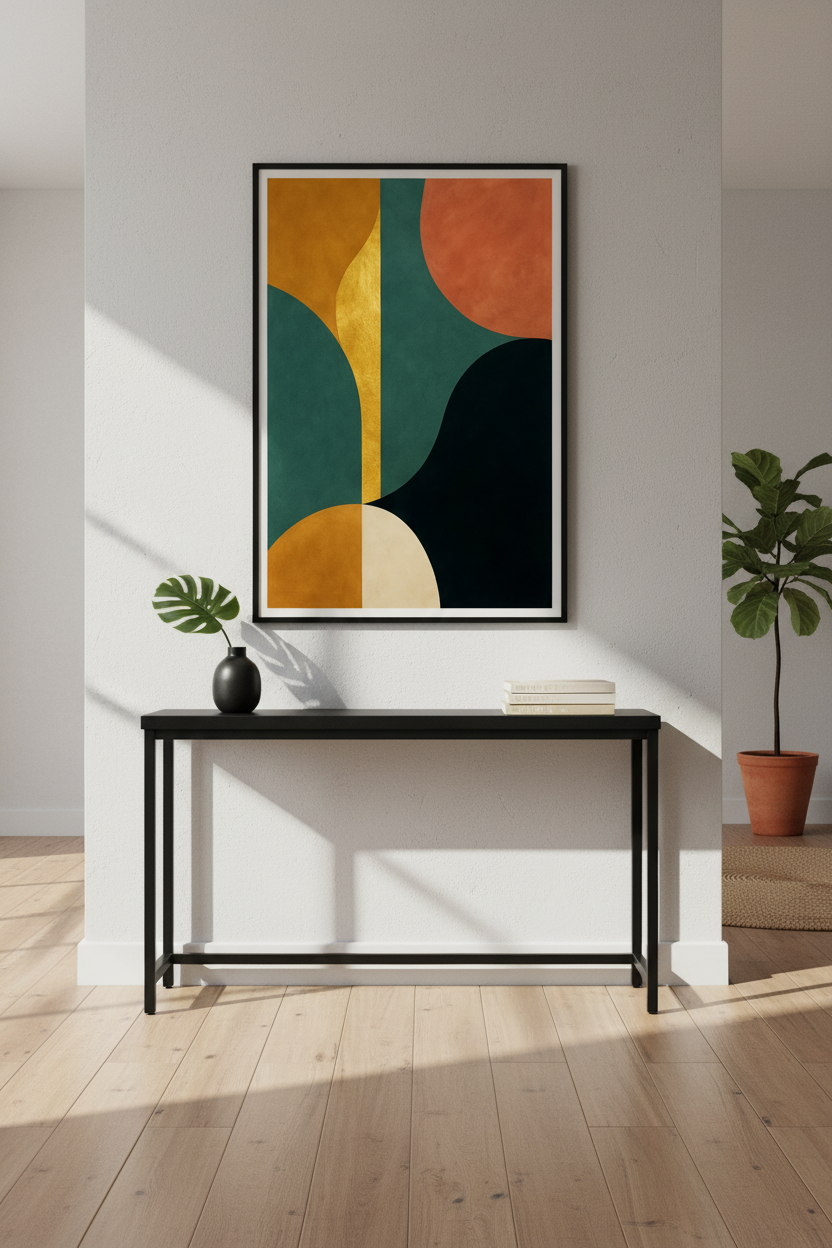 Mid-century Bauhaus geometric print in teal, orange and gold