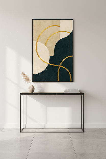 Abstract Geometric Wall Art Print | Modern Living Room Decor | Mid-Century Aesthetic Poster | Gold &amp; Teal Black Art | Digital &amp; Physical