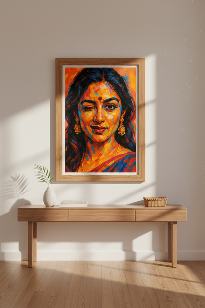Abstract Woman Portrait Wall Art Print | Vibrant Living Room Decor | Eclectic Boho Chic Poster | South Asian Art