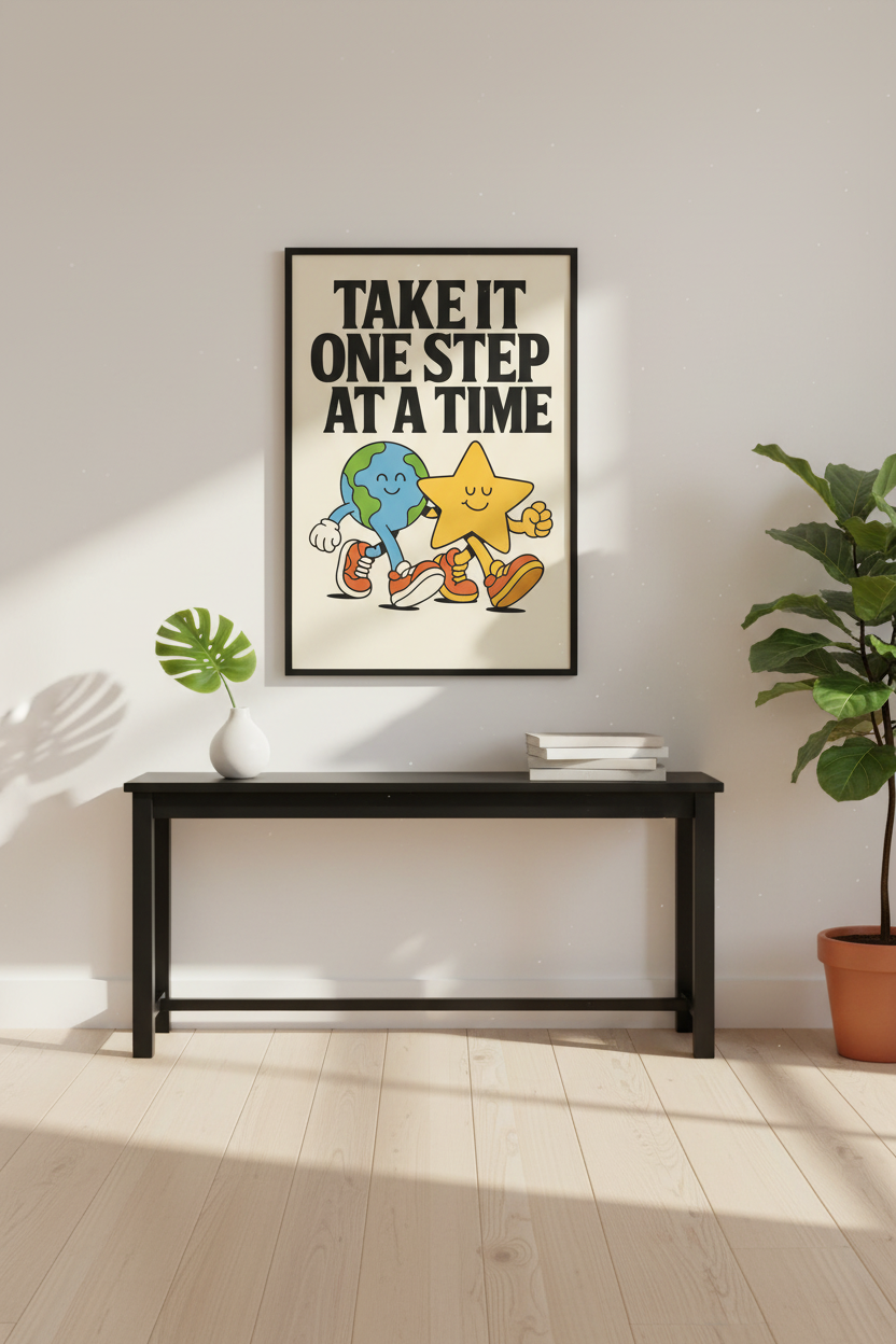 Retro Inspirational Wall Art Print | Boho Living Room Decor | Take It One Step At A Time Poster | Motivational Earth Star