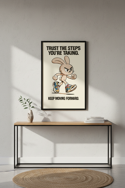 Motivational Bunny Wall Art Print | Kids Room Decor | Inspirational Poster | Trust The Steps Quote / Keep Moving Forward