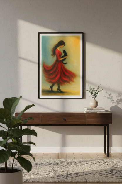 Abstract Woman with Cat Wall Art Print | Boho Living Room Decor | Pet Lover Gift | Minimalist Expressionism Poster
