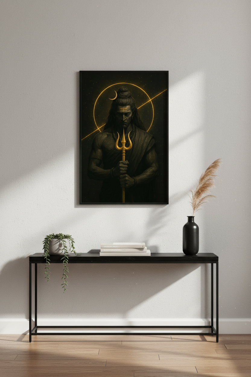 Divine Shiva Wall Art Print | Hindu God Decor | Spiritual Dark Academia Poster | Golden Trident Meditation Art | Indian Mythology Home Gift