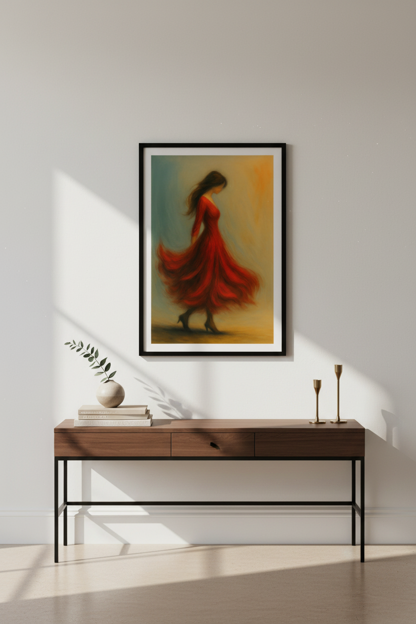 Abstract Woman in Red Dress Wall Art Print | Modern Living Room Decor | Moody Aesthetic Poster
