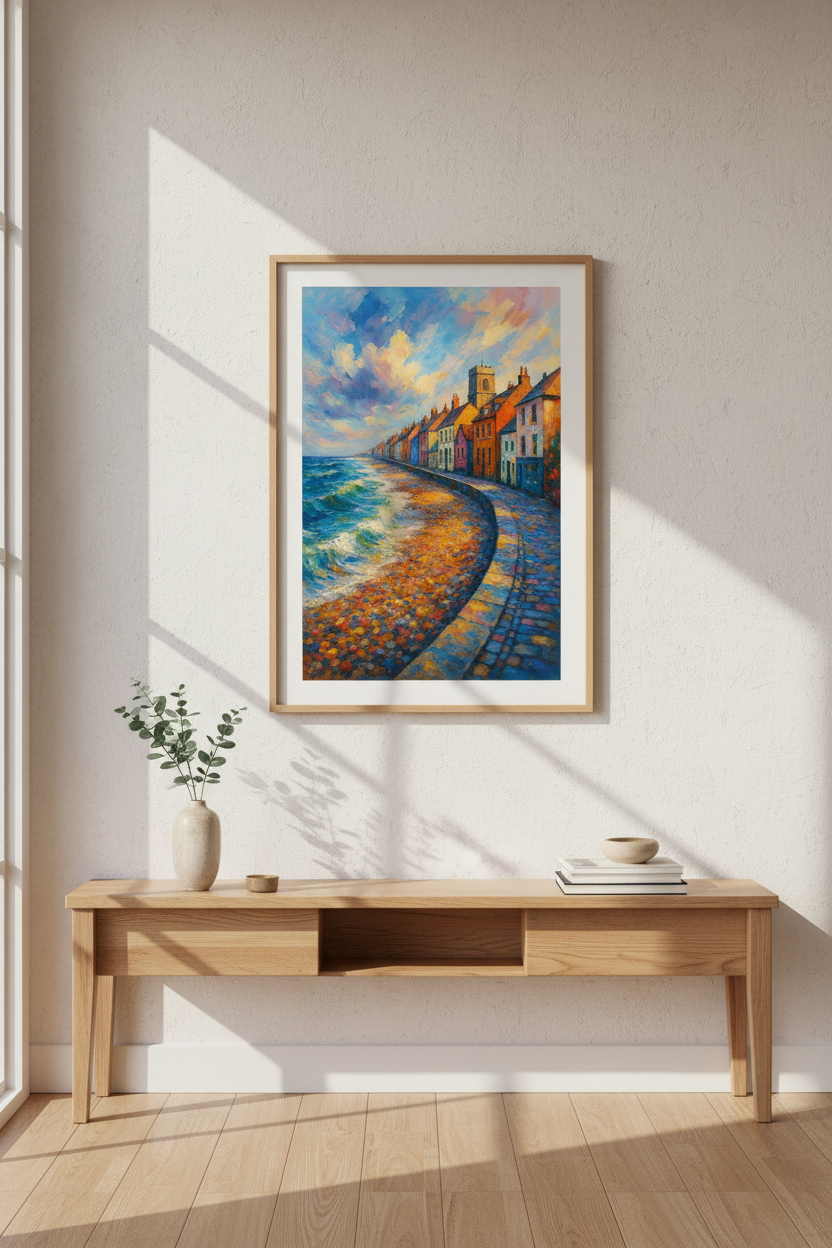 Impressionist Coastal Village Wall Art Print | Vibrant Seaside Home Decor | Bright &amp; Colorful Poster | Textured Oil Painting