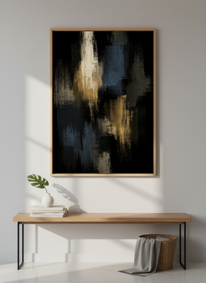 Abstract Impressionist Wall Art Print | Dark Moody Living Room Decor | Gold Blue Black Aesthetic Framed Poster