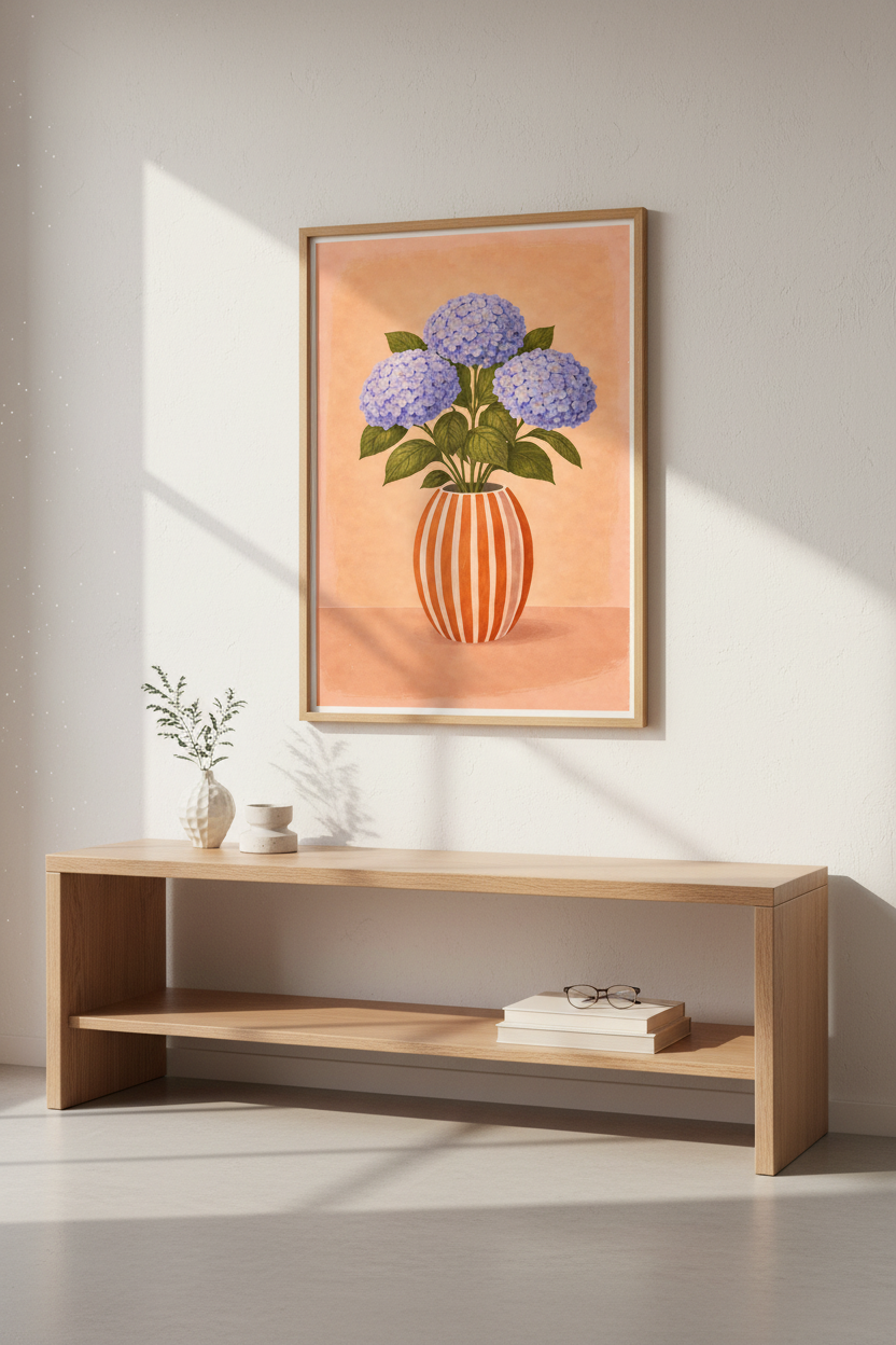 Botanical Hydrangea Wall Art Print | Boho Living Room Decor | Pastel Floral Framed Poster | Aesthetic Ready to Hang Art