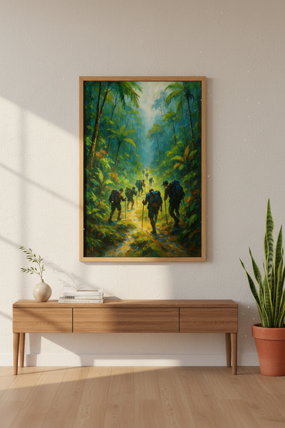 Impressionist Jungle Trekkers Wall Art Print | Adventure Room Decor | Lush Green Forest Poster Gift