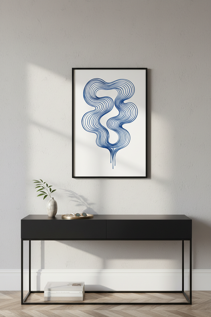 Abstract Wavy Line Art Print | Navy Blue Minimalist Wall Decor | Modern Living Room Poster | Aesthetic Ocean Vibes
