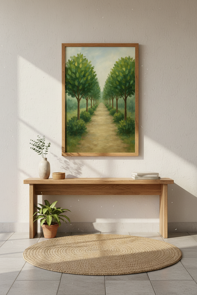 Abstract Nature Art Print | Peaceful Forest Path Wall Decor | Vintage Landscape Poster | Green Tree Lined Avenue Painting