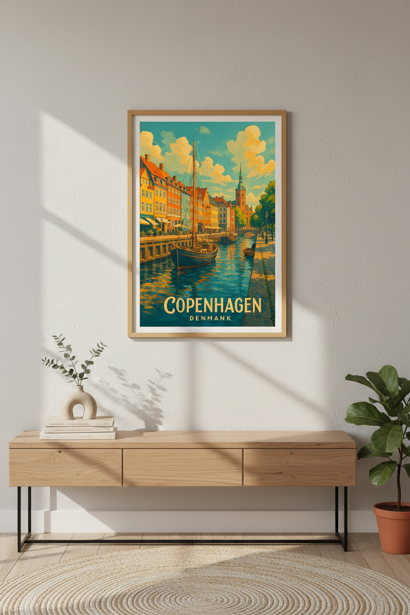 Copenhagen Travel Poster Art Print | Nyhavn Canal Cityscape Decor | Nordic Denmark Aesthetic Wall Art Vintage Style