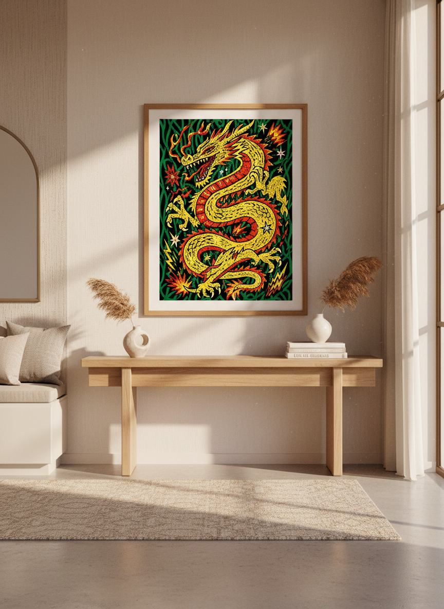 Chinoiserie Dragon Wall Art Print | Vibrant Living Room Decor | Eclectic Asian Aesthetic Framed Poster